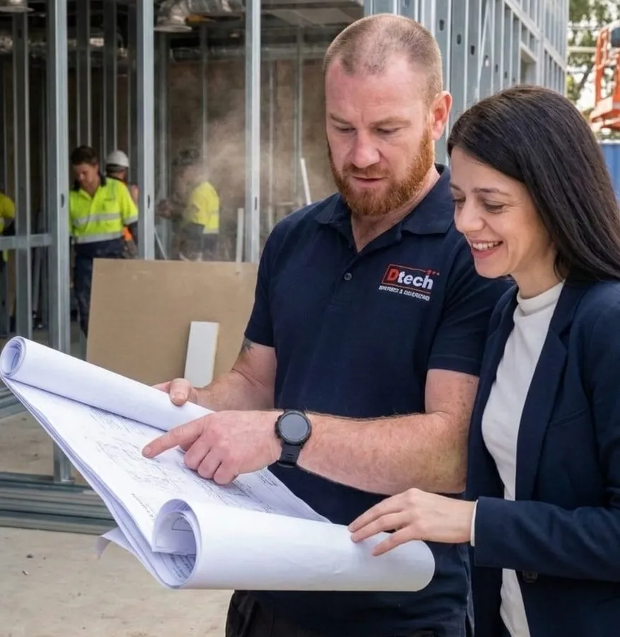 Dtech team reviewing blueprints on site